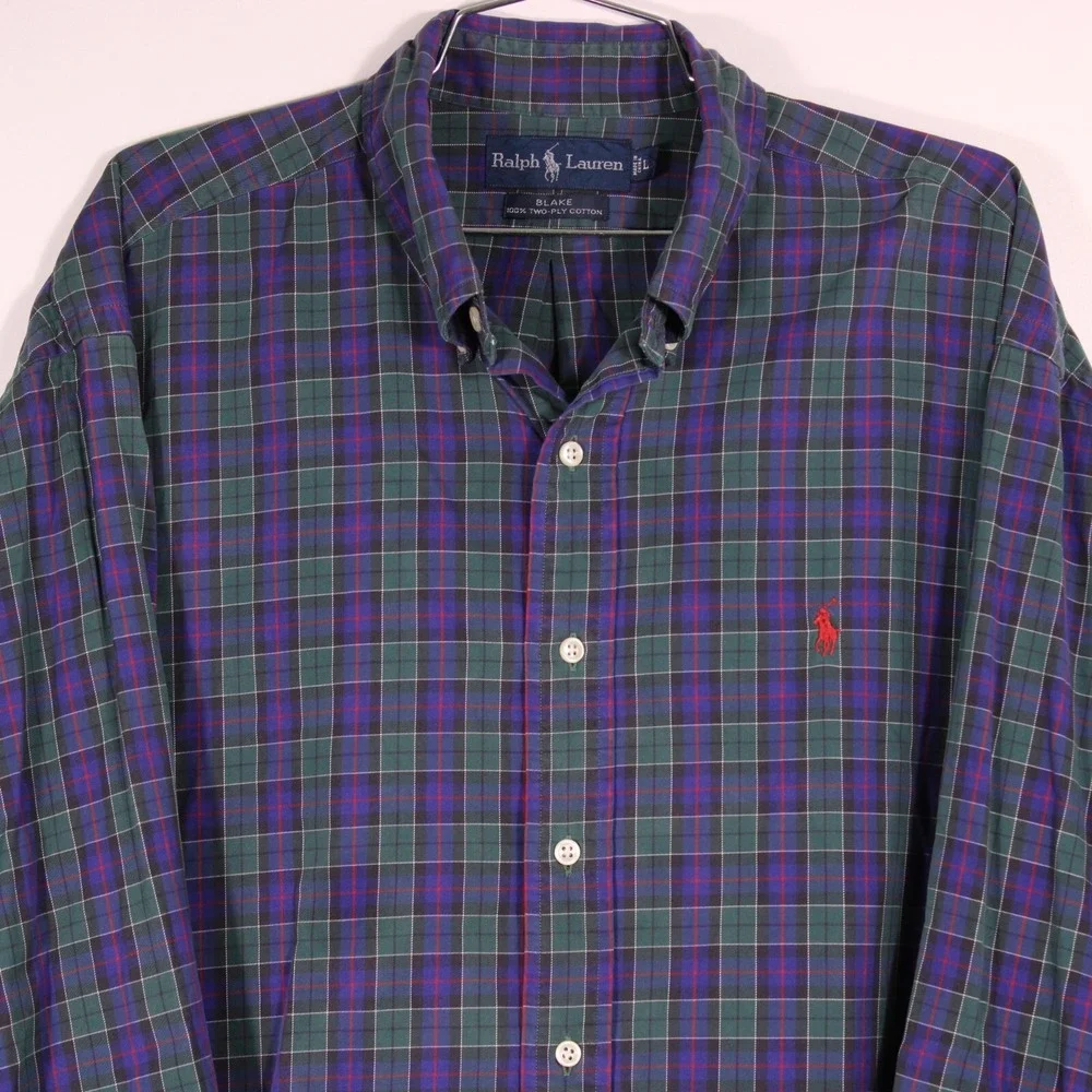 Vintage 90s Ralph Lauren Blake Shirts Mens L Green Purple Checker 2 Ply Red Logo